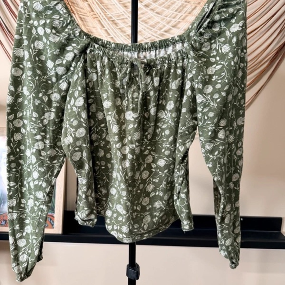 a.n.a Olive Green Floral Off-Shoulder Peasant Top